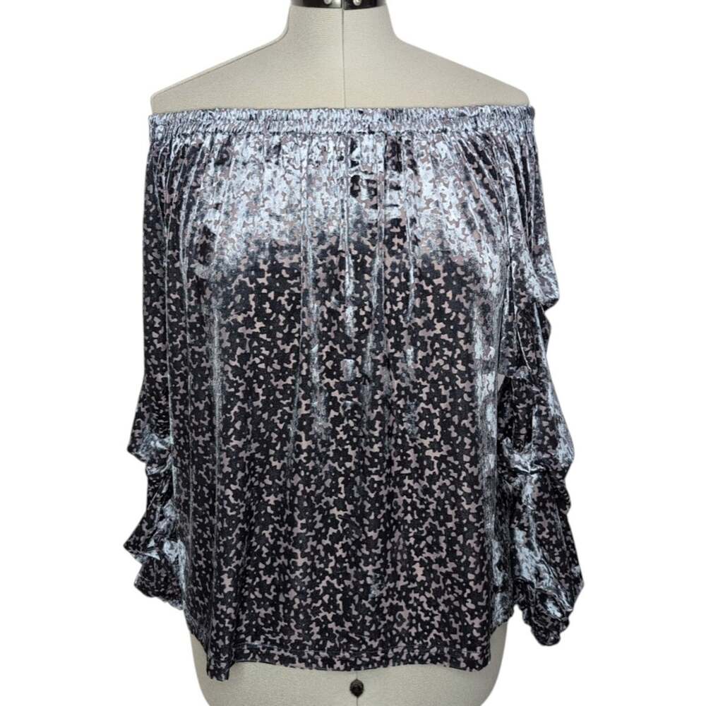 Easel Off-The-Shoulder Burnout Velvet Blouse with Ruched Sleeves Size M